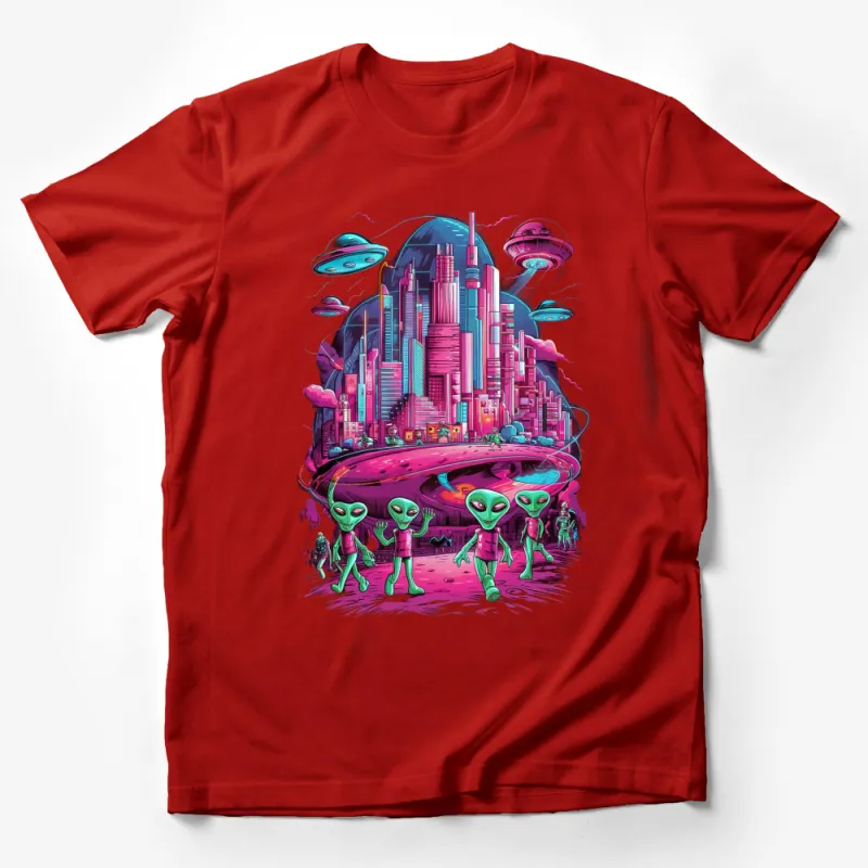 Alien Invasion Cityscape T-Shirt, UFO and Extraterrestrials Graphic Tee, Sci-Fi Urban Alien Art, Vibrant Pink and Blue Colors Male T-Shirt