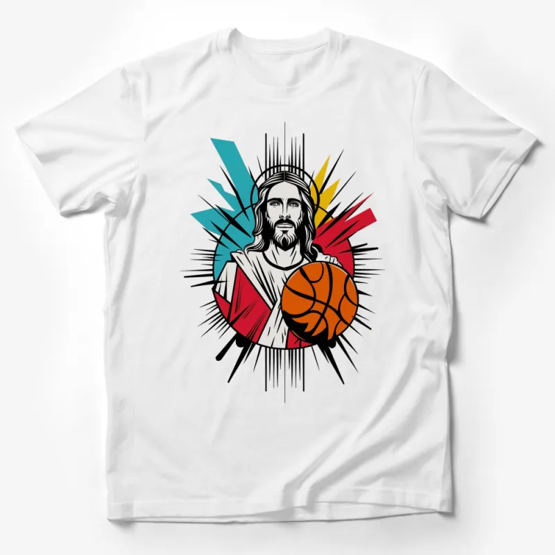 Jesus Christ Basketball Graphic Tee, Spiritual Sports Christian T-Shirt, Unique Jesus Basketball Design Male T-Shirt