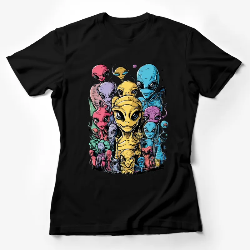 Colorful Alien Family Cartoon T-Shirt, Fun Extraterrestrial Graphic Tee, Unique Space Characters Shirt Female T-Shirt