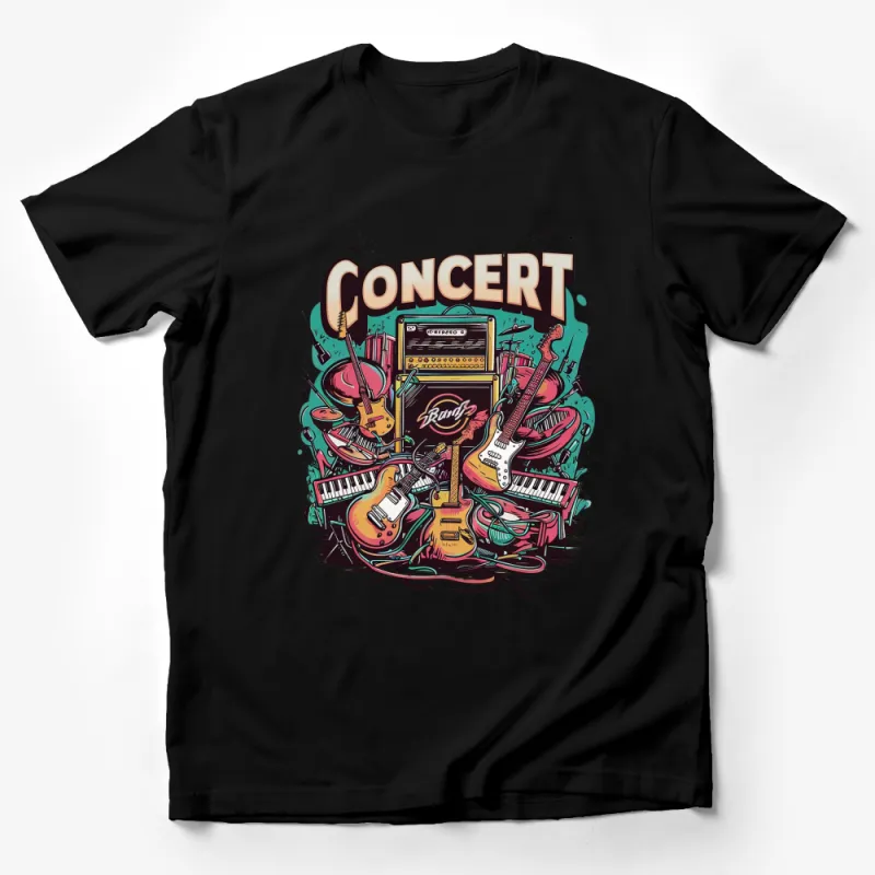 Colorful Concert Themed T-Shirt with Guitars and Amp, Music Festival Apparel for All Ages Male T-Shirt