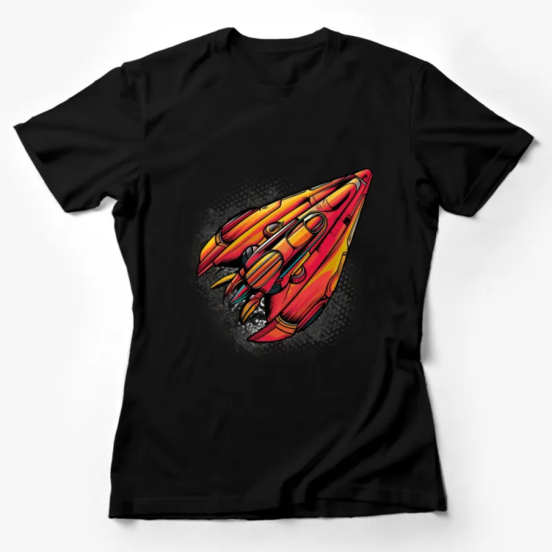 Vibrant Red Rocket Ship T-Shirt, Colorful Space Graphic Tee, Unisex Sci-Fi Style Apparel for All Ages Female T-Shirt