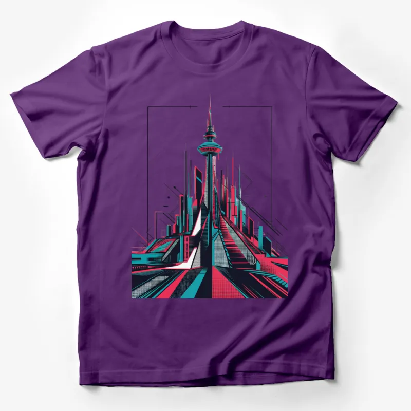 Futuristic Cityscape Graphic T-Shirt, Retro Neon Tower Design, Urban Cool Fashion Tee Male T-Shirt