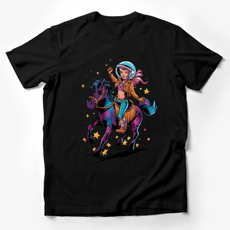 Cosmic Rider Girl on Horse Graphic Tee, Starry Night Horseback Riding, Vibrant Colors Youth T-Shirt Male T-Shirt