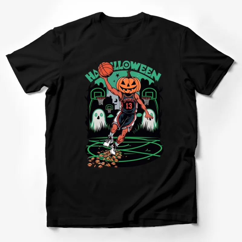 Halloween Pumpkin Basketball Player T-Shirt, Spooky Sports Costume, Autumn Ghosts Graphic Tee, Unique October Apparel Male T-Shirt