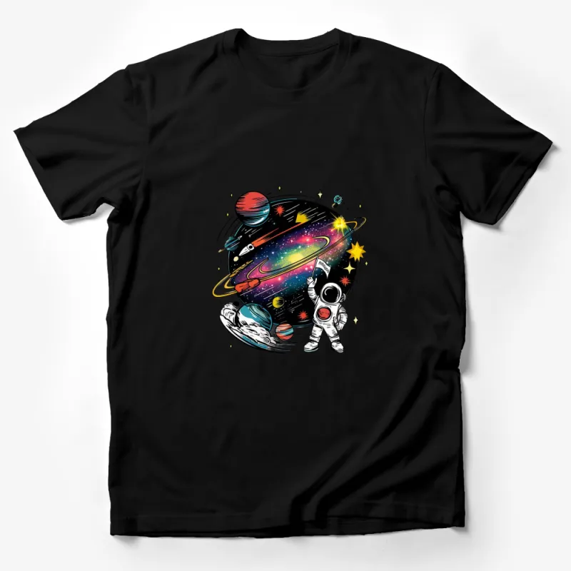 Colorful Space Galaxy Print T-Shirt, Astronaut and Planets Graphic Tee, Unisex Adult Clothing Male T-Shirt