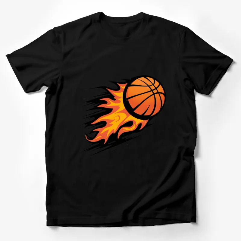 Flaming Basketball Graphic T-Shirt, Bold Orange and Black Sports Tee, Streetwear Style Male T-Shirt