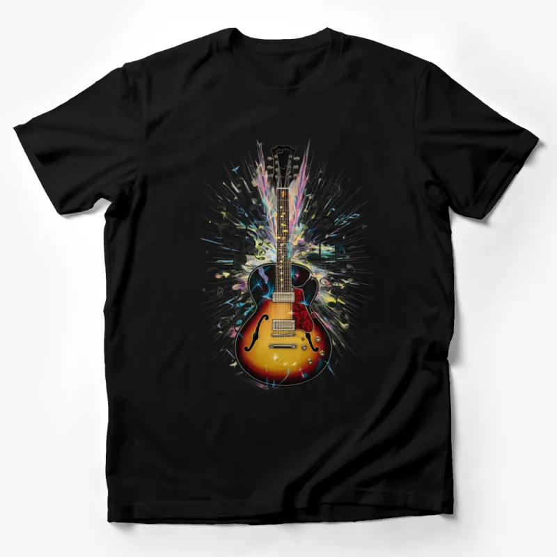 Electric Guitar T-Shirt with Music Notes Explosion, Colorful Musician Gift, Unisex Graphic Tee Male T-Shirt