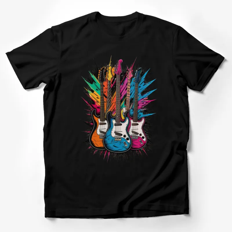 Colorful Guitar Explosion Graphic T-Shirt, Music Lover Tee, Vibrant Rock Band Style, Gift for Guitarists Male T-Shirt