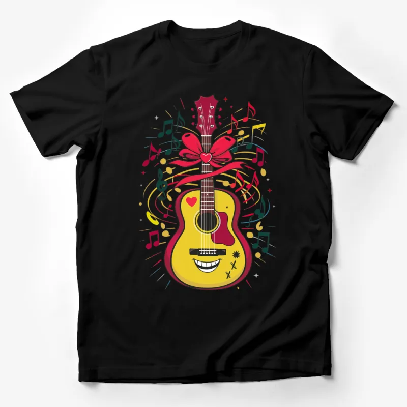 Colorful Guitar T-Shirt with Musical Notes and Heart Design, Unisex Music Lover Gift Male T-Shirt