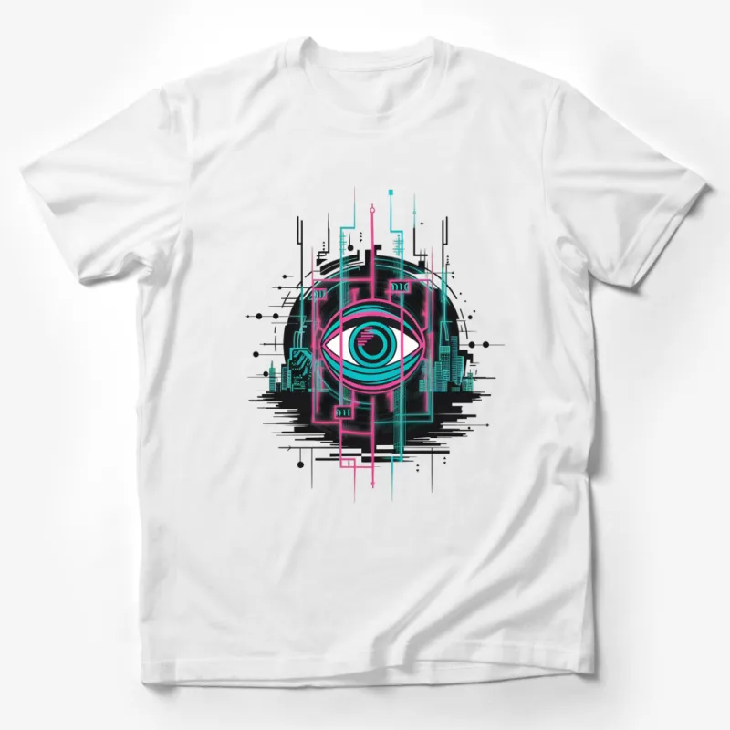 Futuristic Cyber Eye Graphic T-Shirt, Neon City Digital Art, Urban Sci-Fi Apparel, Unisex Tee Male T-Shirt