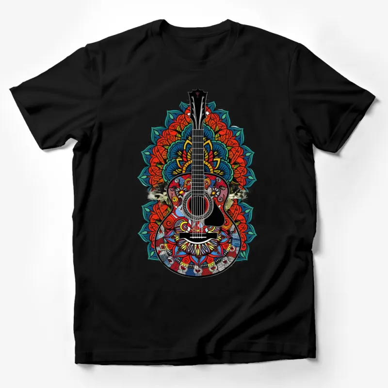 Colorful Bohemian Guitar T-Shirt, Floral Mandala Design, Unisex Musician Gift, Artistic Casual Wear Male T-Shirt