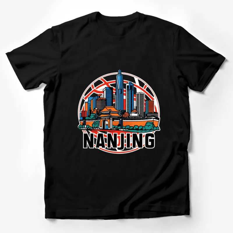 Nanjing City Skyline Graphic T-Shirt, Colorful Urban Landscape Circle Design, Artistic China Souvenir Male T-Shirt