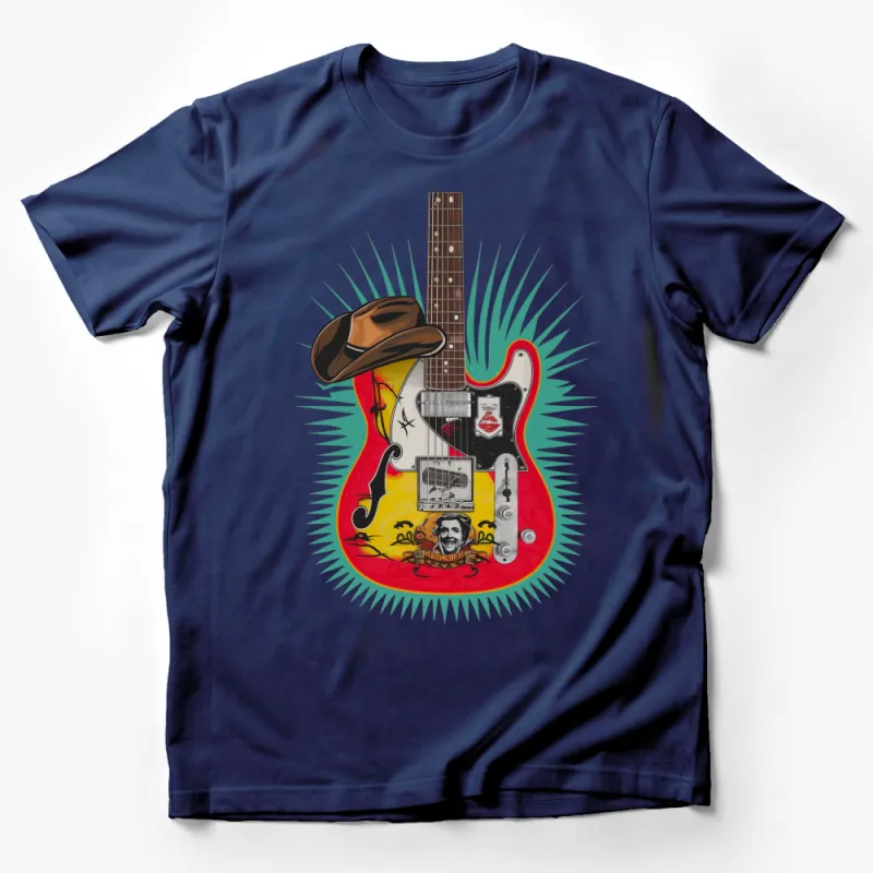 Vintage Guitar and Cowboy Hat Graphic T-Shirt, Classic Rock Style Tee, Music Lover Gift, Unisex Male T-Shirt