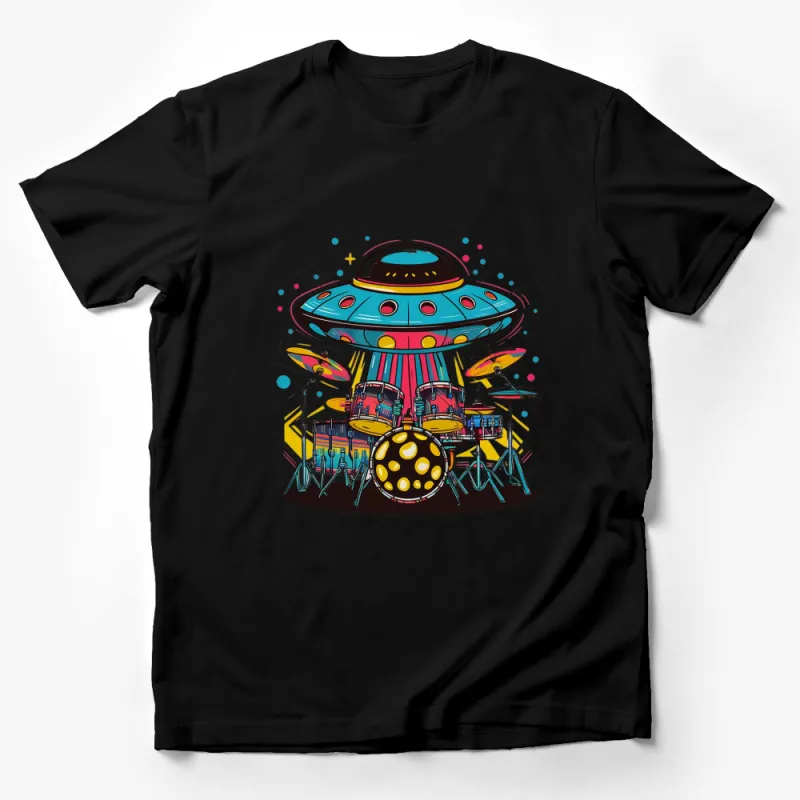 Colorful UFO and Drum Set Graphic T-Shirt, Alien Music Band Tee, Unisex T-Shirt for Musicians and Sci-Fi Fans Male T-Shirt