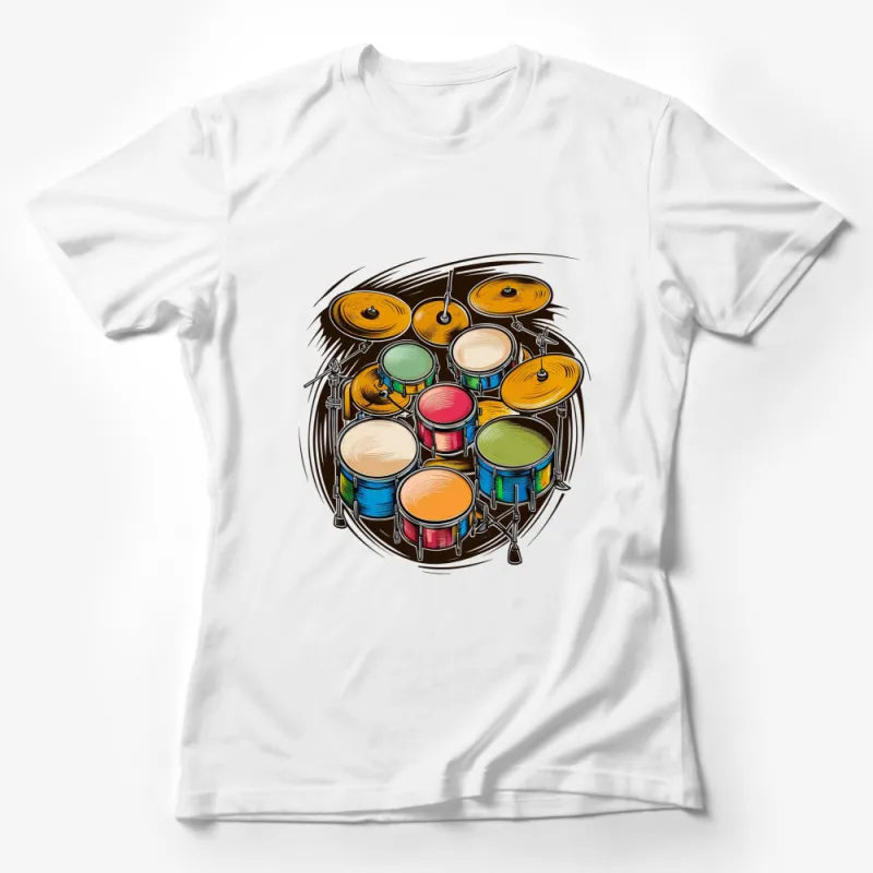 Colorful Drum Kit Design T-Shirt, Vibrant Musician Apparel, Unisex Drummer Gift Idea, Casual Wear Female T-Shirt