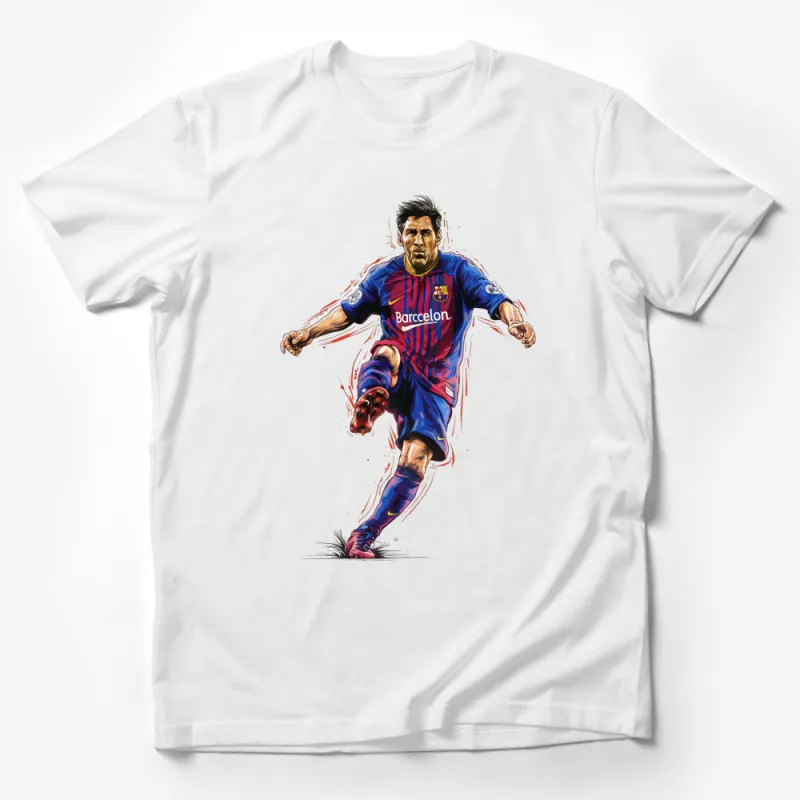 Barcelona Football Star Dynamic Action Illustration T-Shirt, Athletic Soccer Player Graphic Tee, Sports Fan Apparel Male T-Shirt