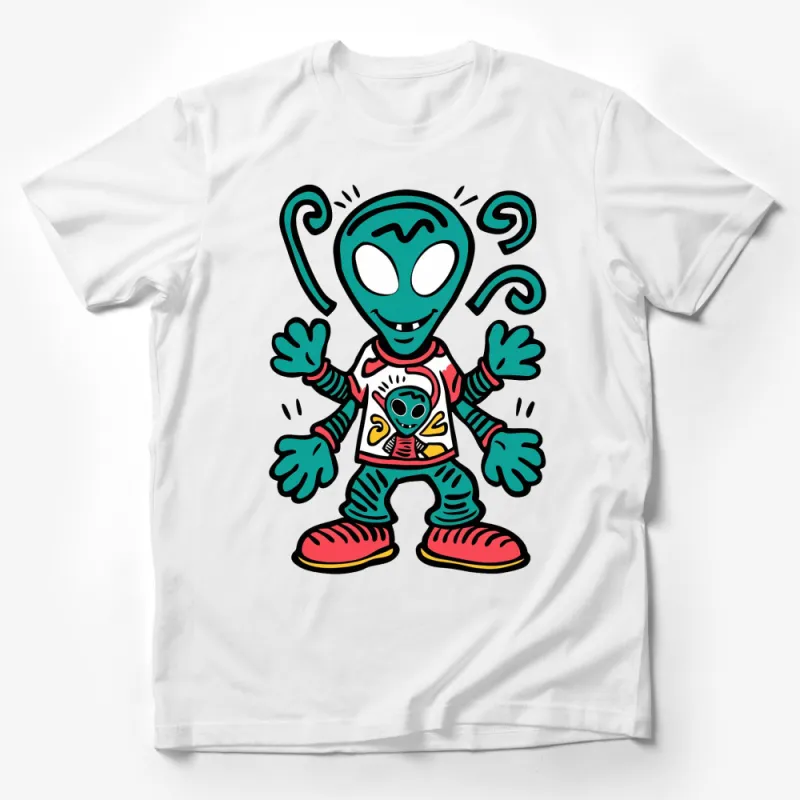 Unique Alien Cartoon Graphic Tee, Fun Extraterrestrial Character T-Shirt, Colorful Casual Wear Male T-Shirt