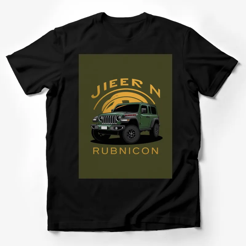 Jeep Rubicon Graphic T-Shirt, Adventure Car Enthusiast Tee, Off-Road Vehicle Apparel, Green and Yellow Male T-Shirt