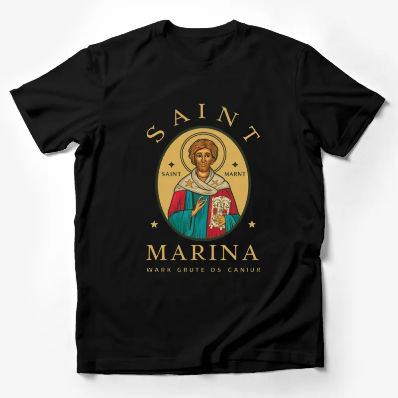 Saint Marina Religious Icon T-Shirt, Vintage Style Spiritual Graphic Tee, Christian Art Clothing Male T-Shirt