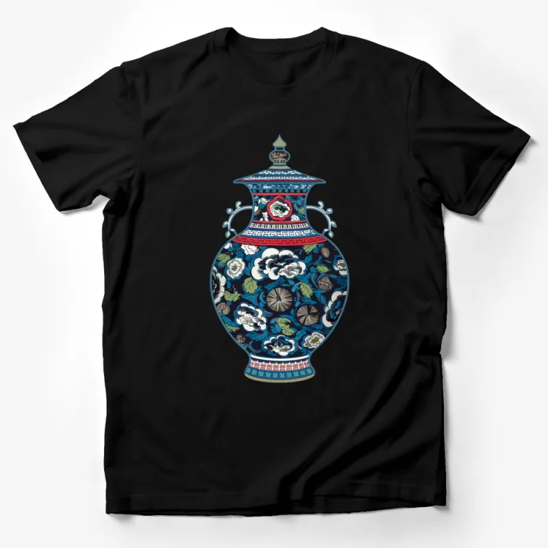 Ornate Blue Floral Vase Graphic T-Shirt, Elegant Asian Inspired Art Tee, Unique Gift for Art Lovers Male T-Shirt