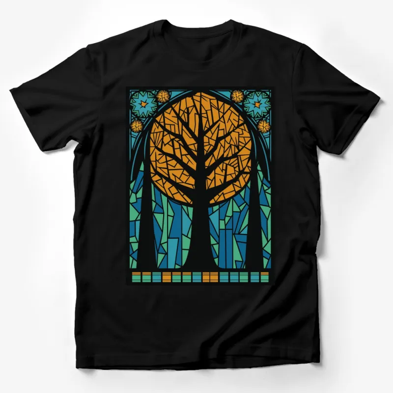 Stained Glass Style Tree Design T-Shirt, Artistic Nature Inspired Tee, Unique Graphic Shirt Male T-Shirt