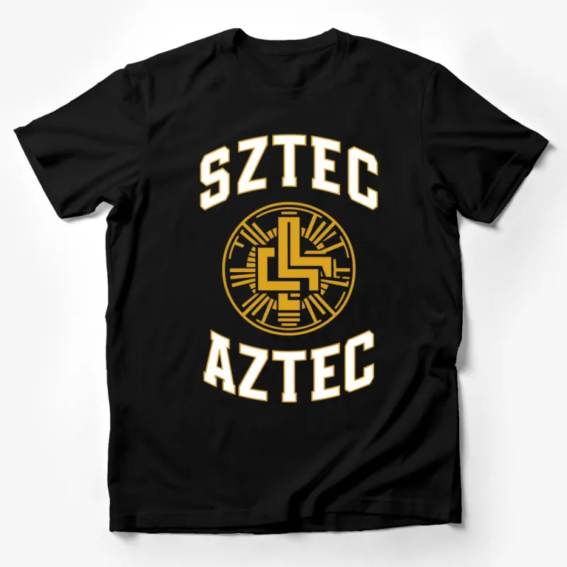 Aztec Inspired T-Shirt, Gold SZTEC Emblem Design, Unisex Modern Graphic Tee, Casual Wear Male T-Shirt