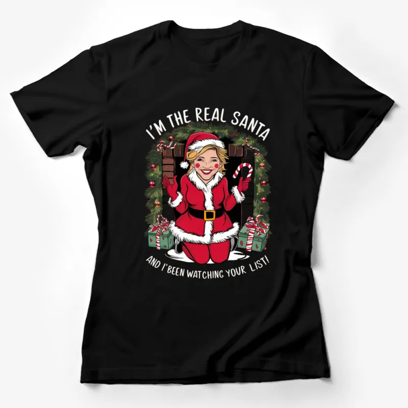 Festive Santa Claus Woman T-Shirt, Christmas Holiday Apparel, Unique Seasonal Graphic Tee Gift, Full Color Xmas Shirt Female T-Shirt