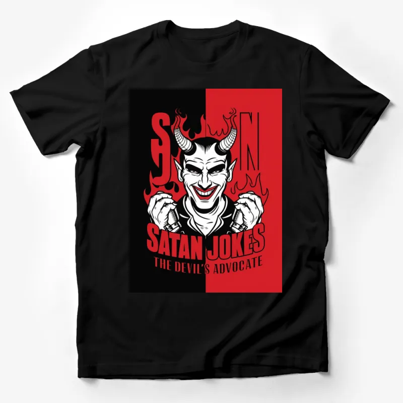 Devil's Advocate Satan Jokes Graphic T-Shirt, Red and Black Bold Tee, Unique Hellish Humor Top Male T-Shirt