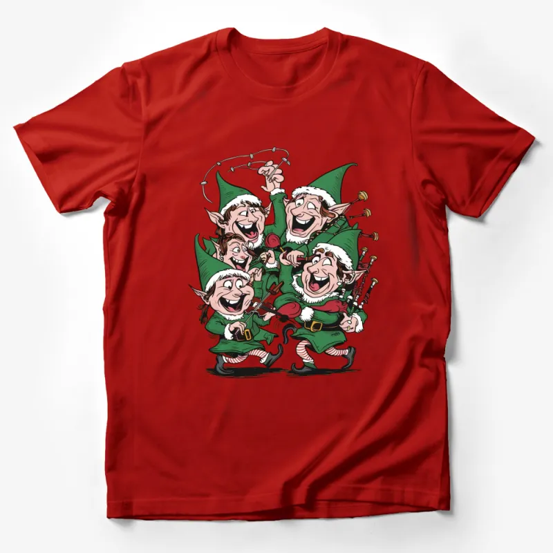 Festive Elf Band T-Shirt, Christmas Elves Playing Music, Holiday Graphic Tee, Family Party Apparel Male T-Shirt