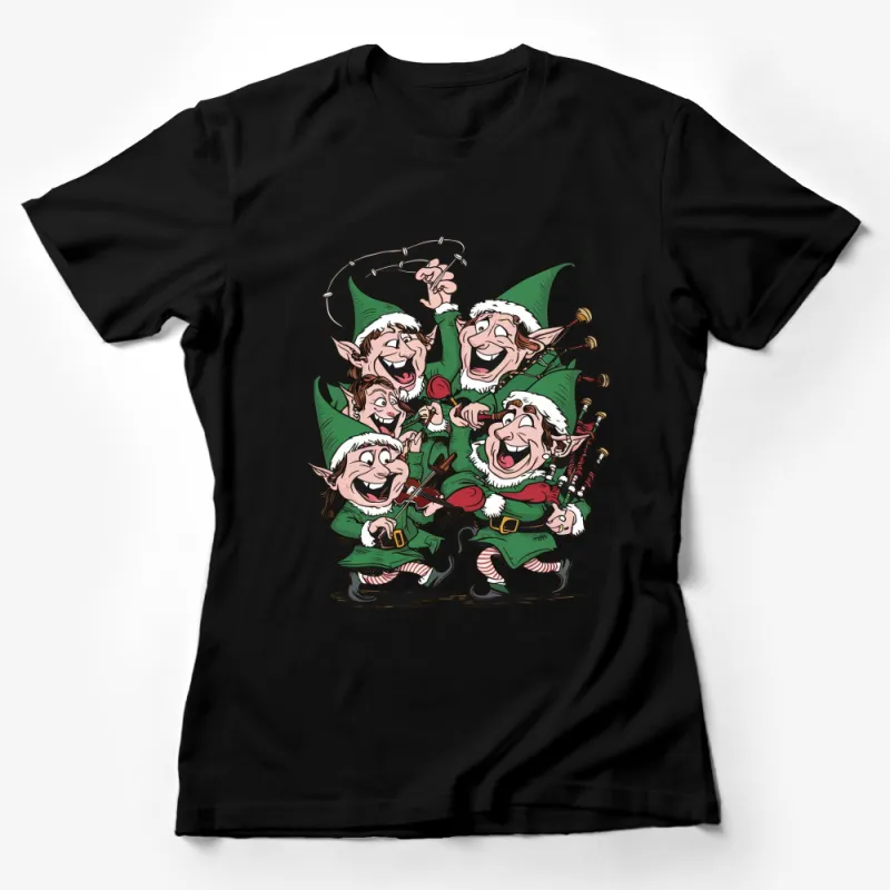 Festive Elf Band T-Shirt, Christmas Elves Playing Music, Holiday Graphic Tee, Family Party Apparel Female T-Shirt