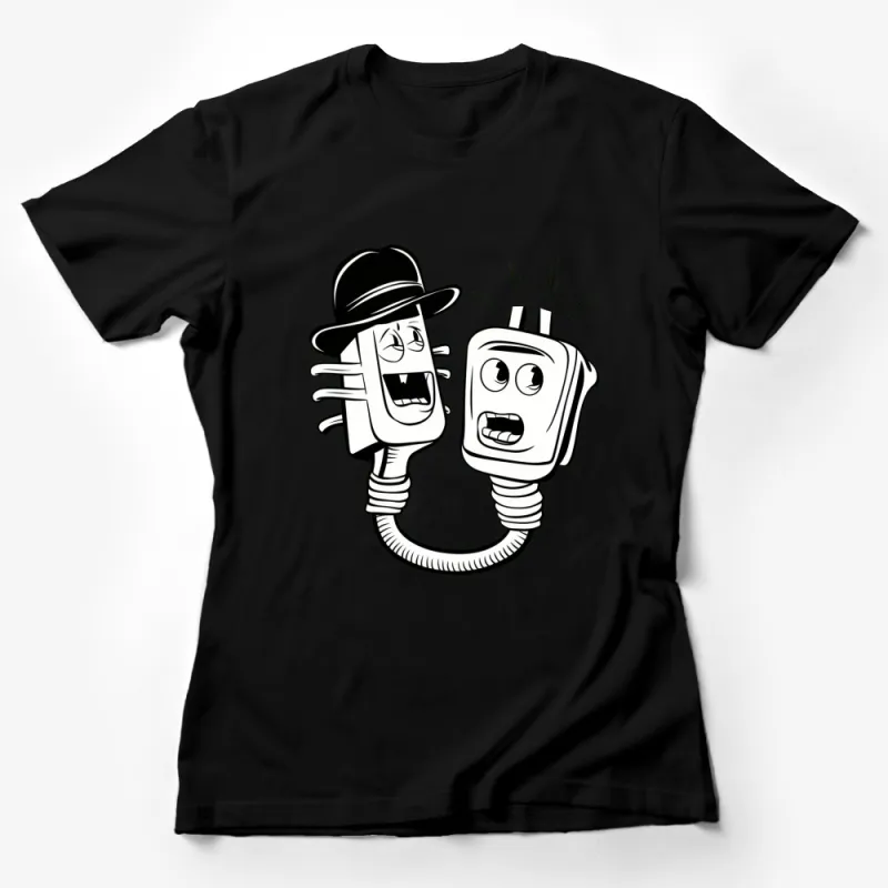 Quirky Cartoon Light Bulb and Plug T-Shirt, Black and White Comic Graphic Tee, Unique Apparel Female T-Shirt