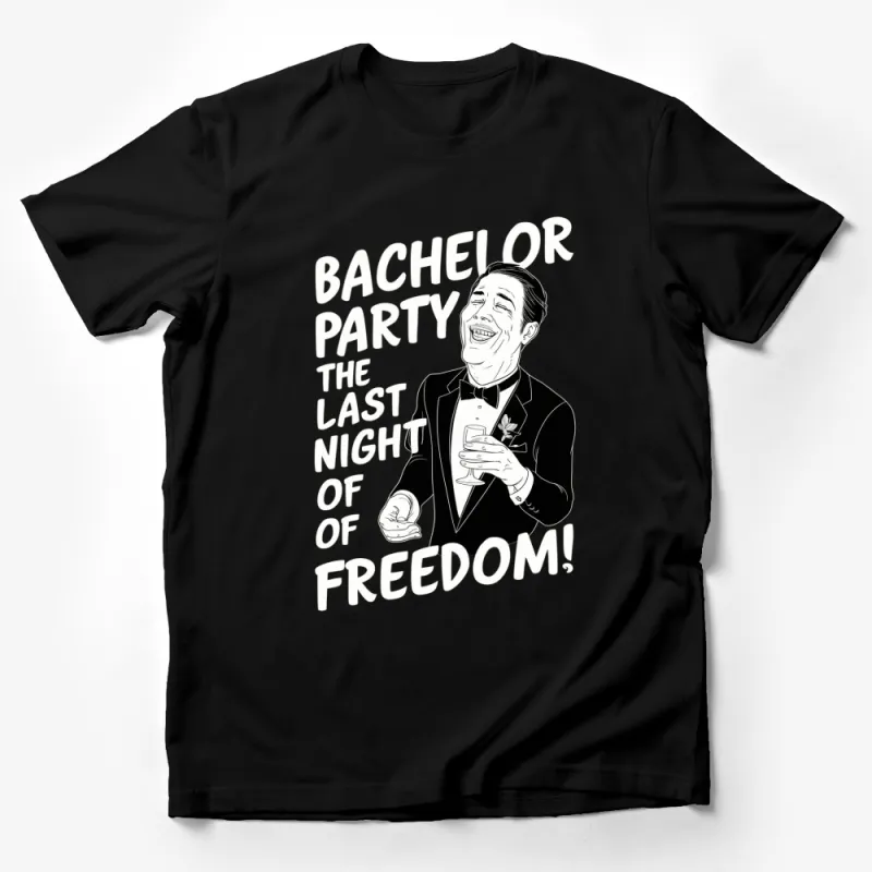 Bachelor Party T-Shirt, Last Night of Freedom, Funny Groom Tee, Black and White Male T-Shirt