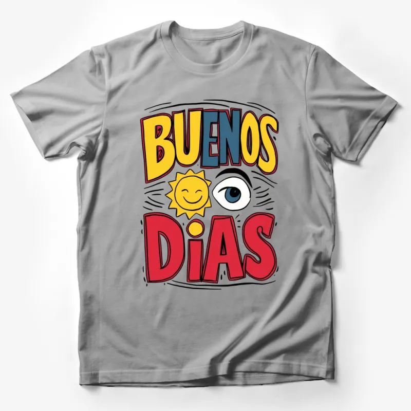 Buenos Días Bright Colorful T-Shirt, Fun Spanish Greeting Tee, Eye and Sun Comic Style Top Male T-Shirt