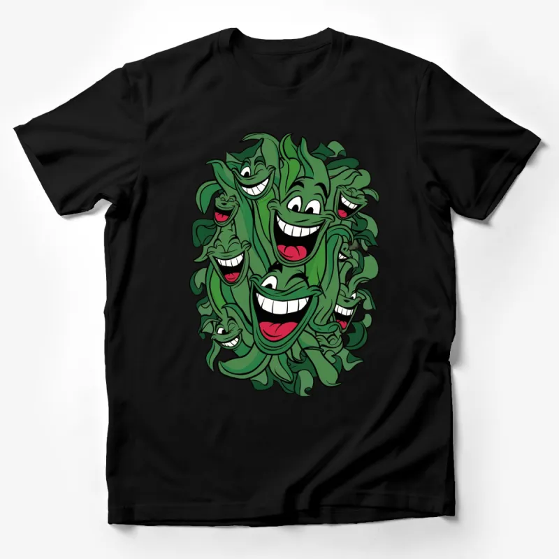 Green Monster Faces Graphic T-Shirt, Unisex Cartoon Faces Tee, Fun Smiling Creatures Shirt Male T-Shirt