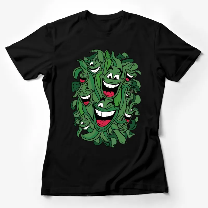 Green Monster Faces Graphic T-Shirt, Unisex Cartoon Faces Tee, Fun Smiling Creatures Shirt Female T-Shirt