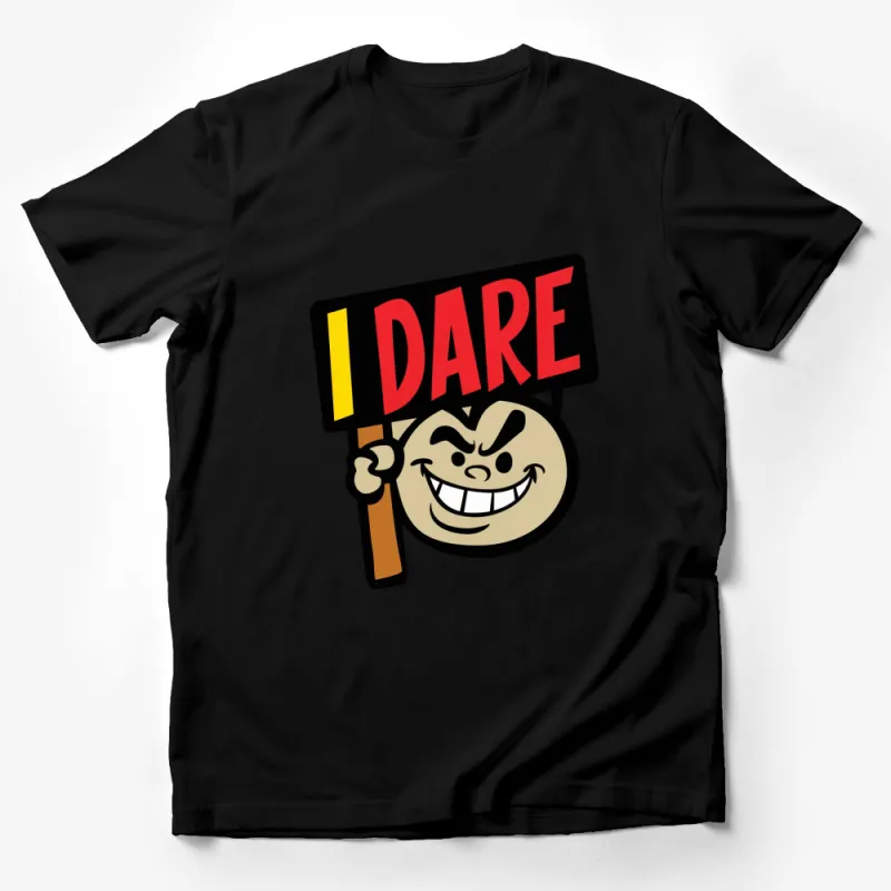 Bold I Dare Slogan Graphic T-Shirt, Classic Cartoon Devil Face Tee, Unique Statement Shirt Male T-Shirt