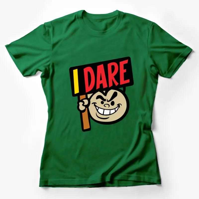 Bold I Dare Slogan Graphic T-Shirt, Classic Cartoon Devil Face Tee, Unique Statement Shirt Female T-Shirt