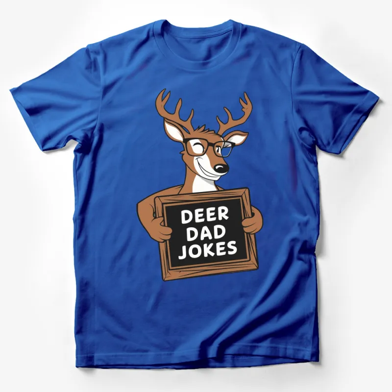 Funny Deer Dad Jokes T-Shirt, Cartoon Deer Holding Sign, Humorous Animal Tee, Gift for Fathers Male T-Shirt