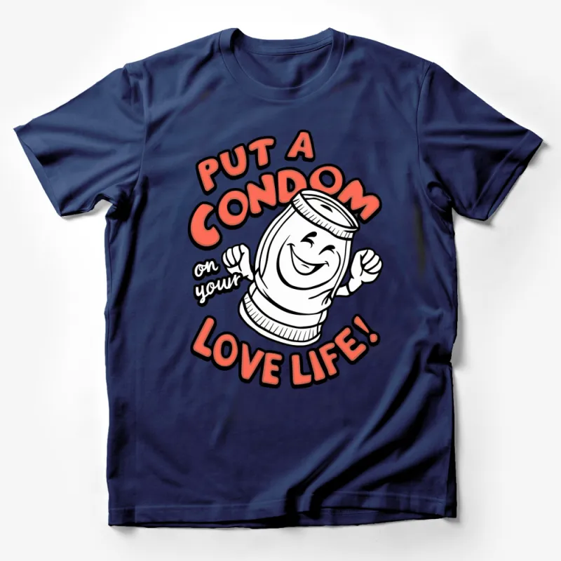 Funny Condom Love Life T-Shirt, Humorous Safe Sex Tee, Positive Message Adult Shirt, Red and White Male T-Shirt