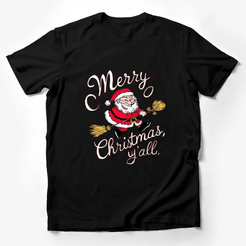 Merry Christmas Y'all Santa Claus Riding Broom T-Shirt, Festive Holiday Apparel, Fun Christmas Gift Male T-Shirt