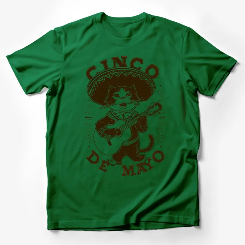 Cinco de Mayo Cat T-Shirt, Funny Cat with Guitar, Mexican Hat, Novelty Graphic Tee for Cat Lovers Male T-Shirt