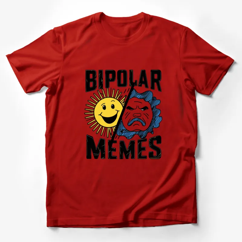 Bipolar Memes T-Shirt, Happy Sad Face Graphic Tee, Sun and Storm Cloud Design, Unisex Casual Wear Male T-Shirt