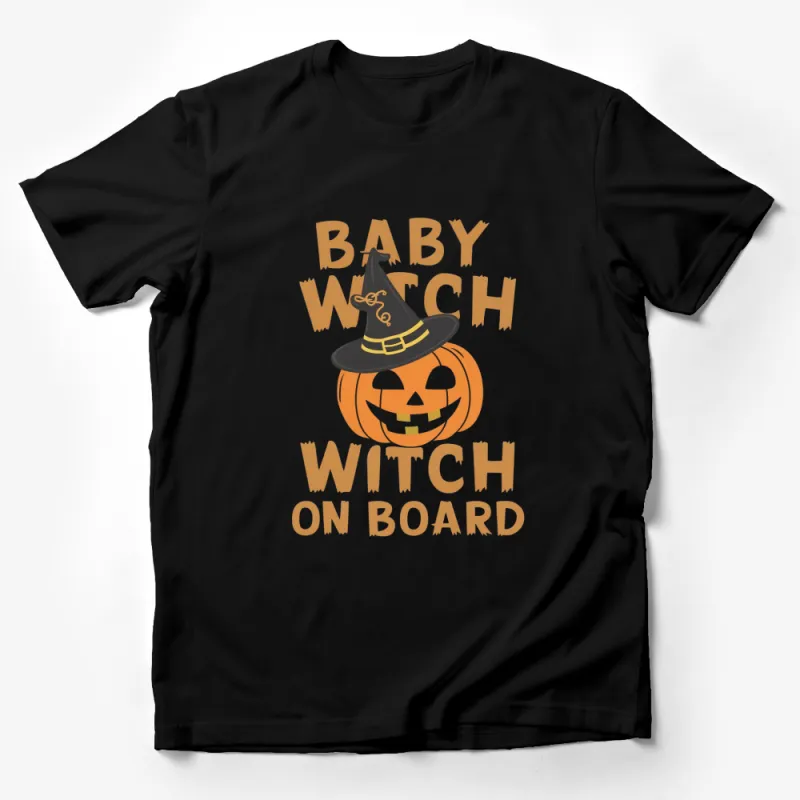 Baby Witch On Board Halloween Pumpkin T-Shirt, Cute Fall Season Graphic Tee, October Witchy Fashion Male T-Shirt