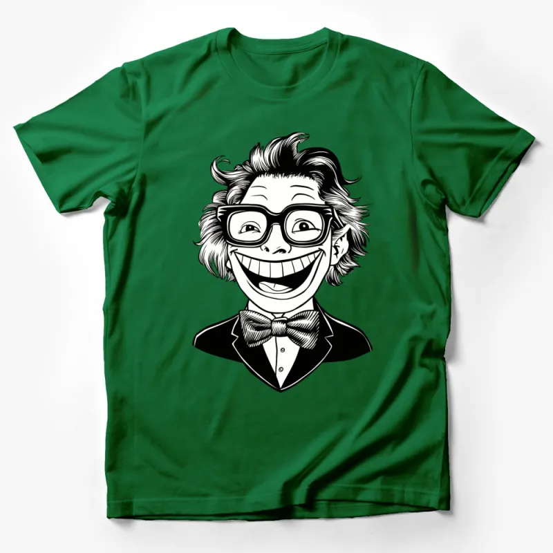 Funny Face Cartoon Graphic T-Shirt, Quirky Smiling Man with Glasses, Black and White Tee, Casual Wear Male T-Shirt