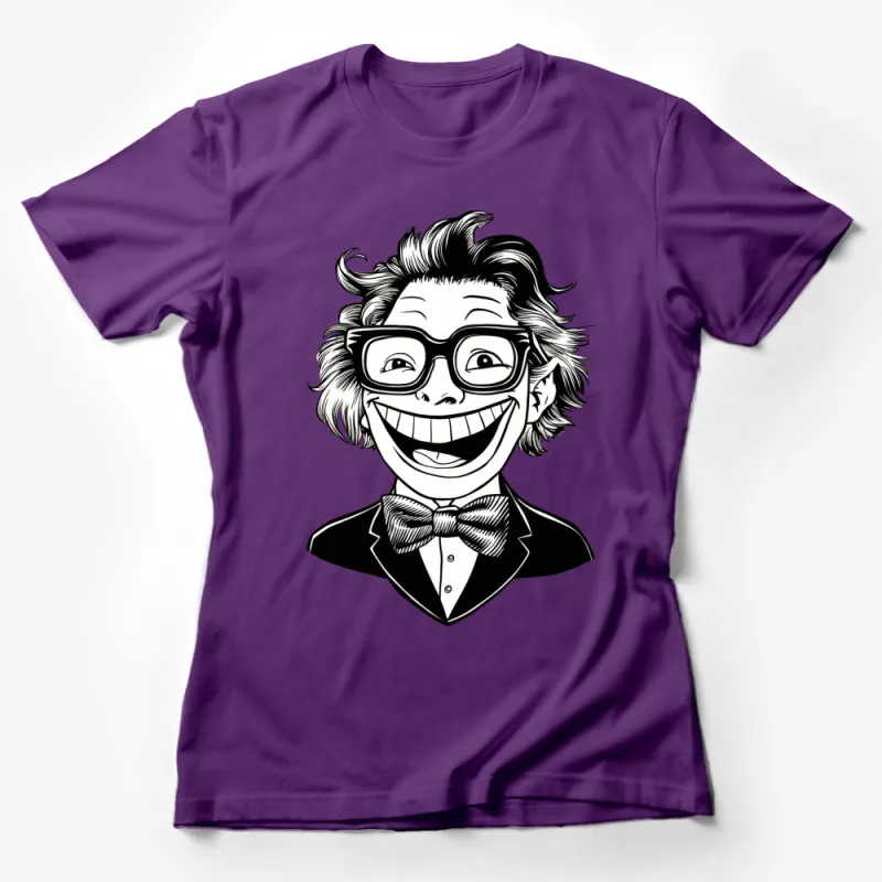 Funny Face Cartoon Graphic T-Shirt, Quirky Smiling Man with Glasses, Black and White Tee, Casual Wear Female T-Shirt