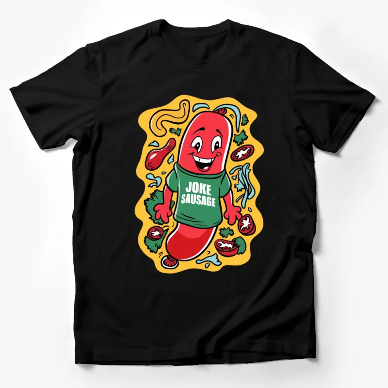 Funny Sausage Cartoon T-Shirt, Joke Sausage Graphic Tee, Unisex Food Humor Shirt Male T-Shirt