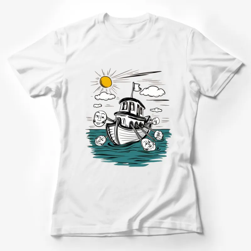 Nautical Tugboat and Sun Graphic T-Shirt, Vintage Boat Illustration, Unisex Ocean Theme Shirt Female T-Shirt