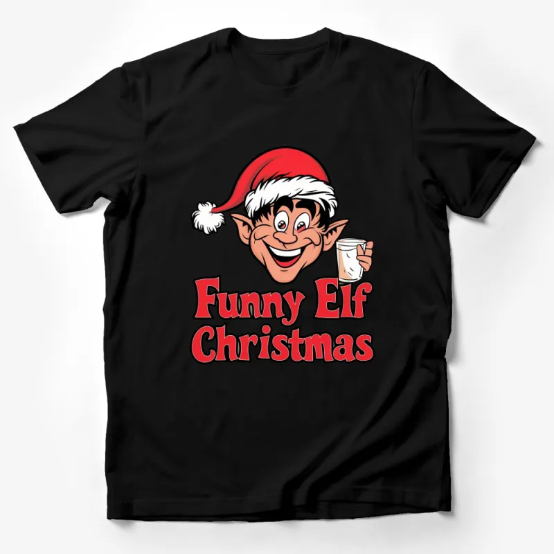 Funny Elf Christmas T-Shirt, Cute Holiday Elf with Hat Graphic Tee, Festive Xmas Party Outfit Male T-Shirt