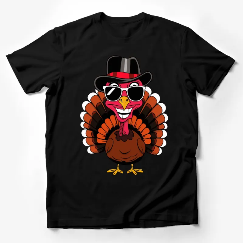 Funny Thanksgiving Turkey T-Shirt, Cute Cartoon Turkey with Sunglasses and Hat, Holiday Apparel Male T-Shirt