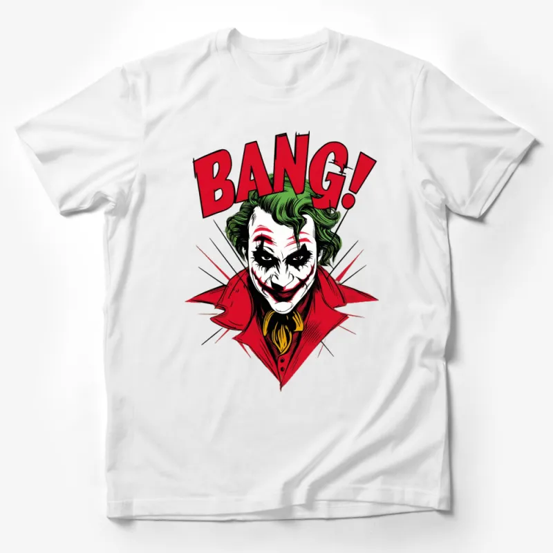 Joker Inspired BANG! Comic Style Graphic T-Shirt, Vibrant Red and Green Design, Unisex Tee for All Ages Male T-Shirt